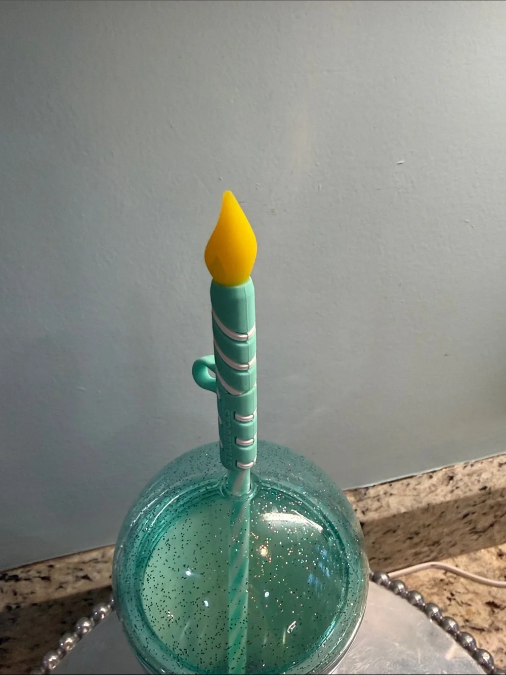 Starbucks Sparkle Confetti Tumbler with Teal Lid and Yellow Candle Straw